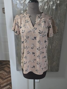 Maurices Tan Floral V‑Neck Flutter Sleeve Blouse